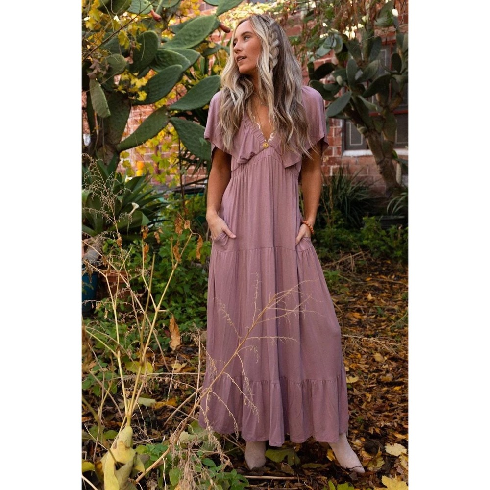 Three Bird Nest Maxi Dress Womens XL Mauve Boho Flutter Sleeve Tiered MD5698
